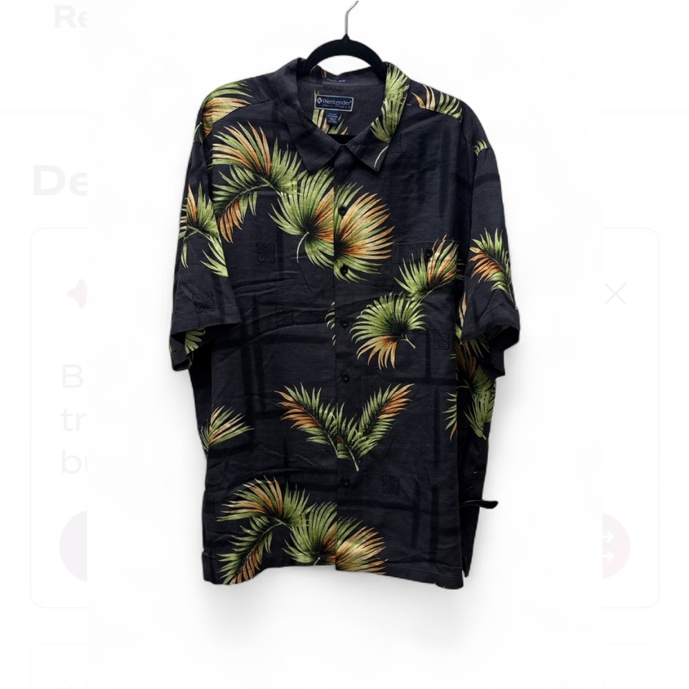 Weekender Men’s 2XL Black Silk-Blend Shirt with Green & Yellow Palm Accents